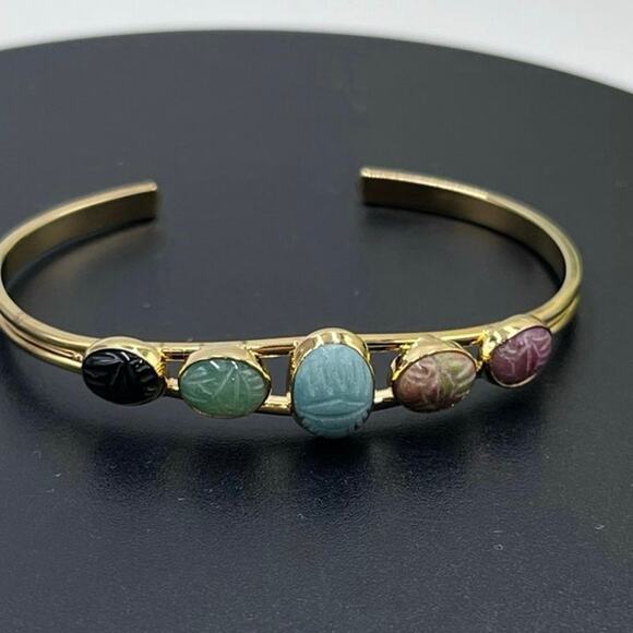 Scarab Gemstone Five Insect Beetle
Agate Onyx chalcedony Cuff bracelet‎ - Picture 1 of 8